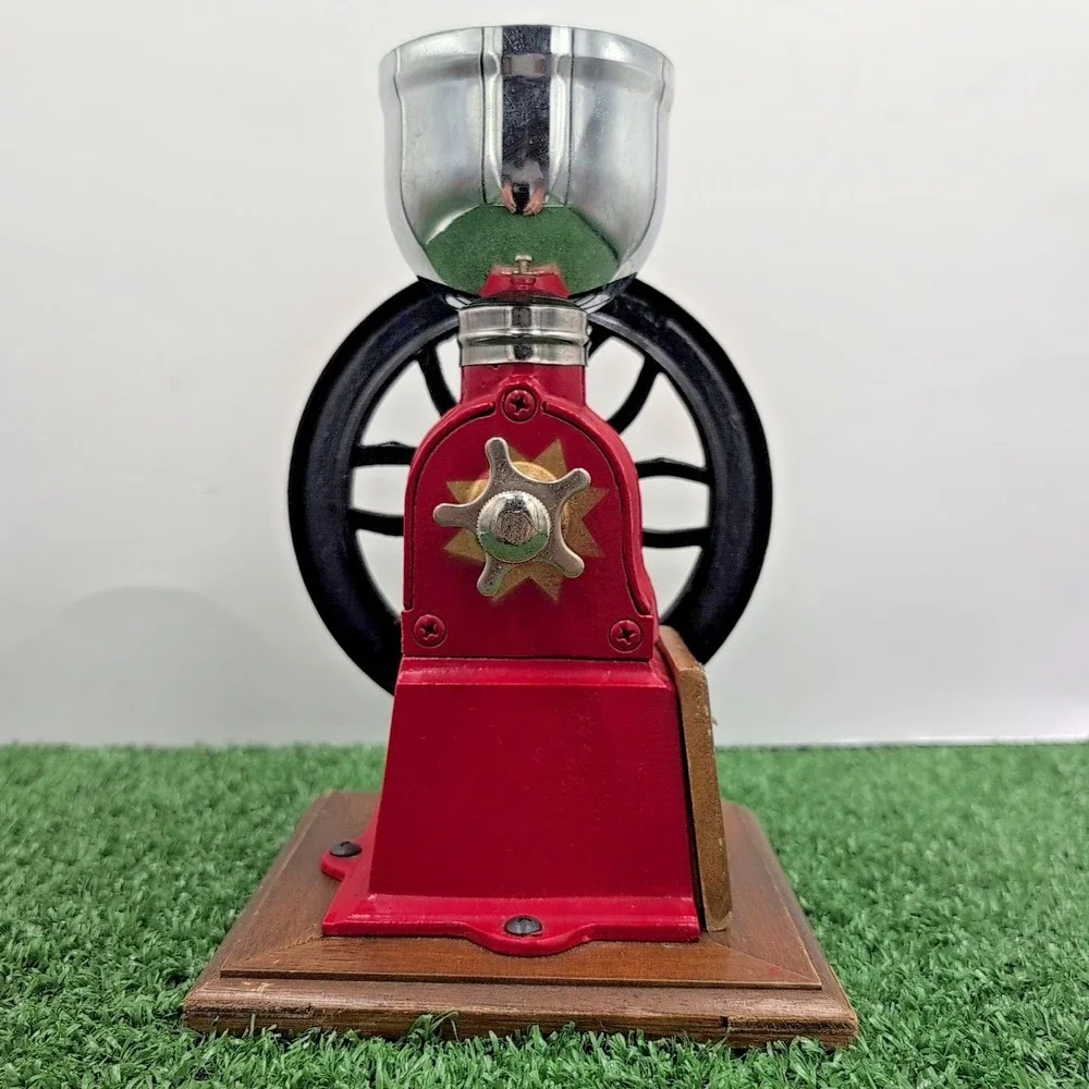 Vintage Mr. Dudley International Red Cast Iron Coffee Manual Wheel‎ Grinder Wood